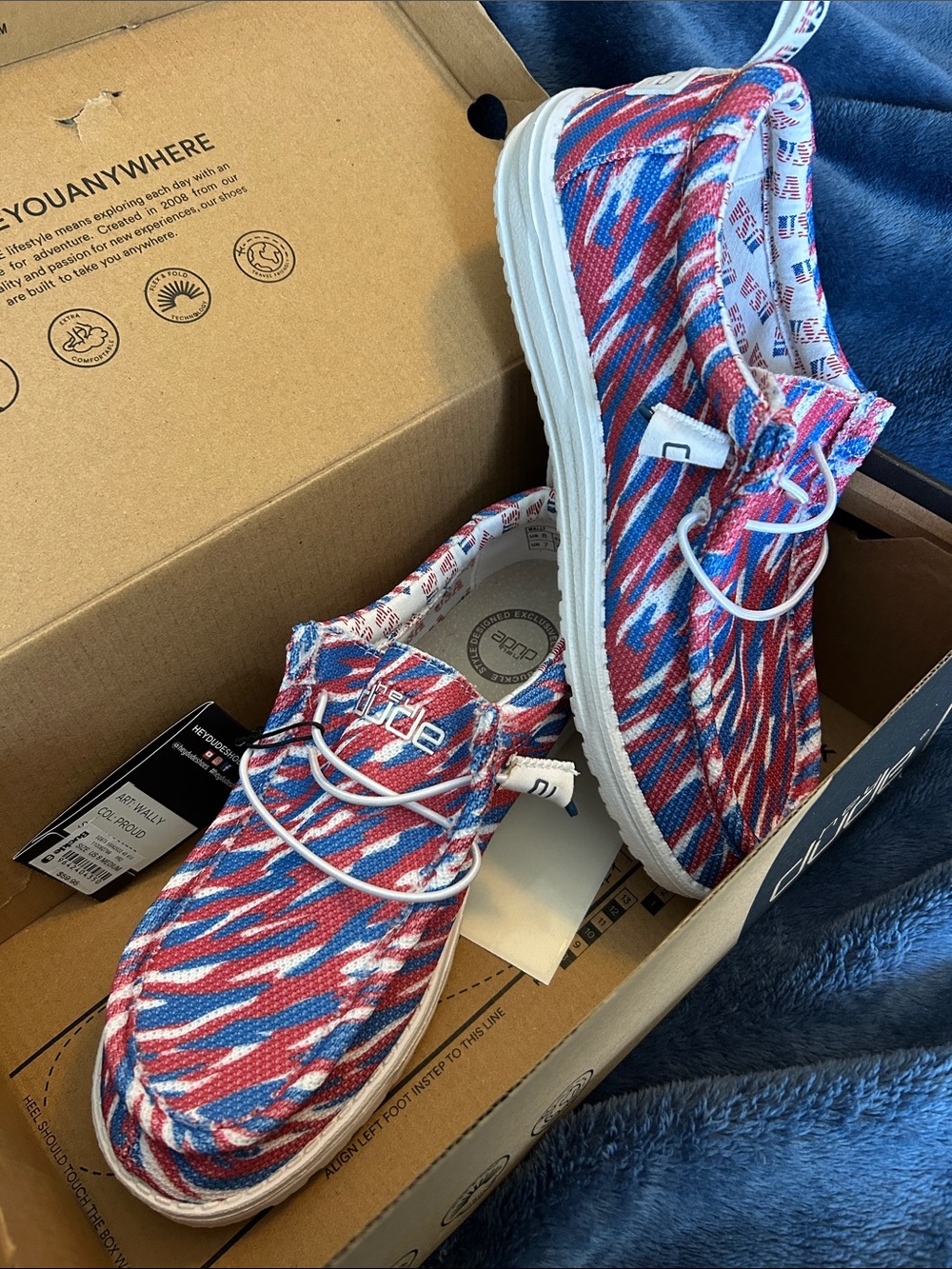 Hey Dude Unisex Slip-On Sneakers in Red, Blue, and White